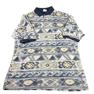 Vintage Bugle Boy Shirt Mens 2XL Blue Yellow Aztec Polo Short Sleeve 90s Casual
